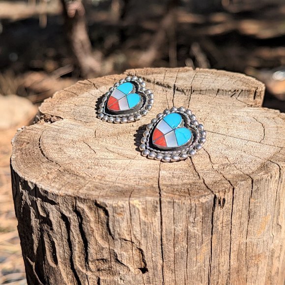 Zuni Heart Shaped Earrings, Sterling‎ Silver Multi Stones Handmade Jewelry *** - Picture 6 of 8